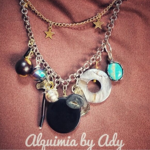 Big black onyx and turquoise layered multi charms necklace - Picture 1 of 4